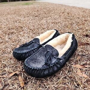 UGG DAKOTA Twinkle Black Suede Sparkle Sheepskin Slipper Moccassin ,Size 3